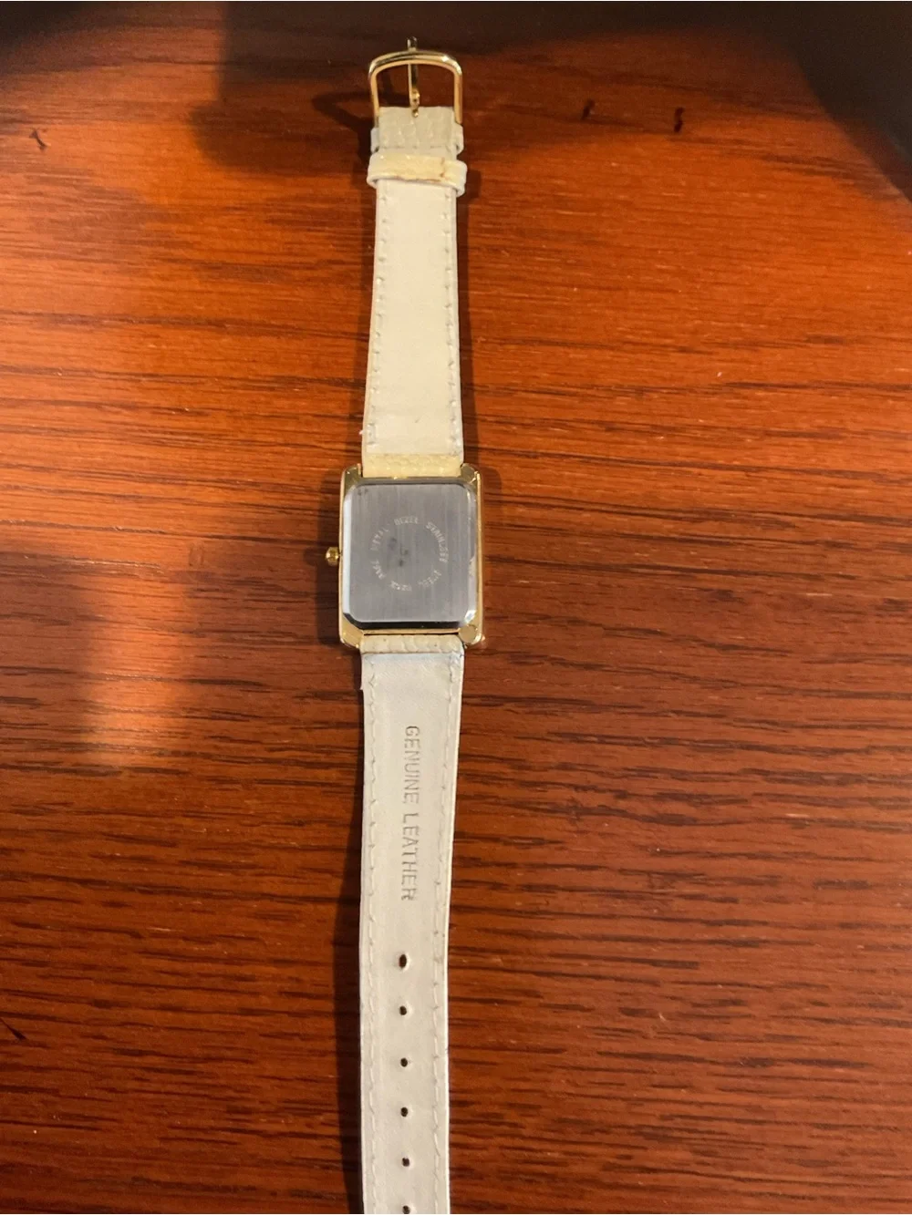 Vintage Rene Gold-Tone Square Watch with Abalone Dial and White Leather Strap